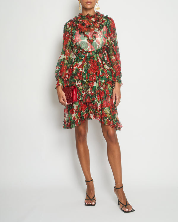Dolce & Gabbana Red Floral Silk Ruffle Long-Sleeve Mini Dress Size IT 40 (UK 8)