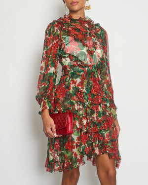 Dolce & Gabbana Red Floral Silk Ruffle Long-Sleeve Mini Dress Size IT 40 (UK 8)