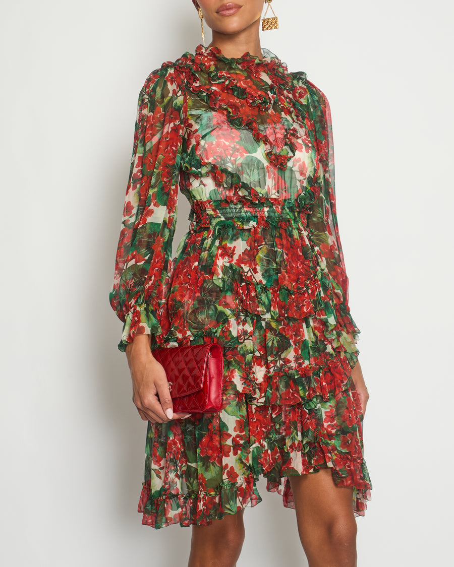 Dolce & Gabbana Red Floral Silk Ruffle Long-Sleeve Mini Dress Size IT 40 (UK 8)