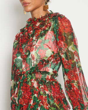 Dolce & Gabbana Red Floral Silk Ruffle Long-Sleeve Mini Dress Size IT 40 (UK 8)