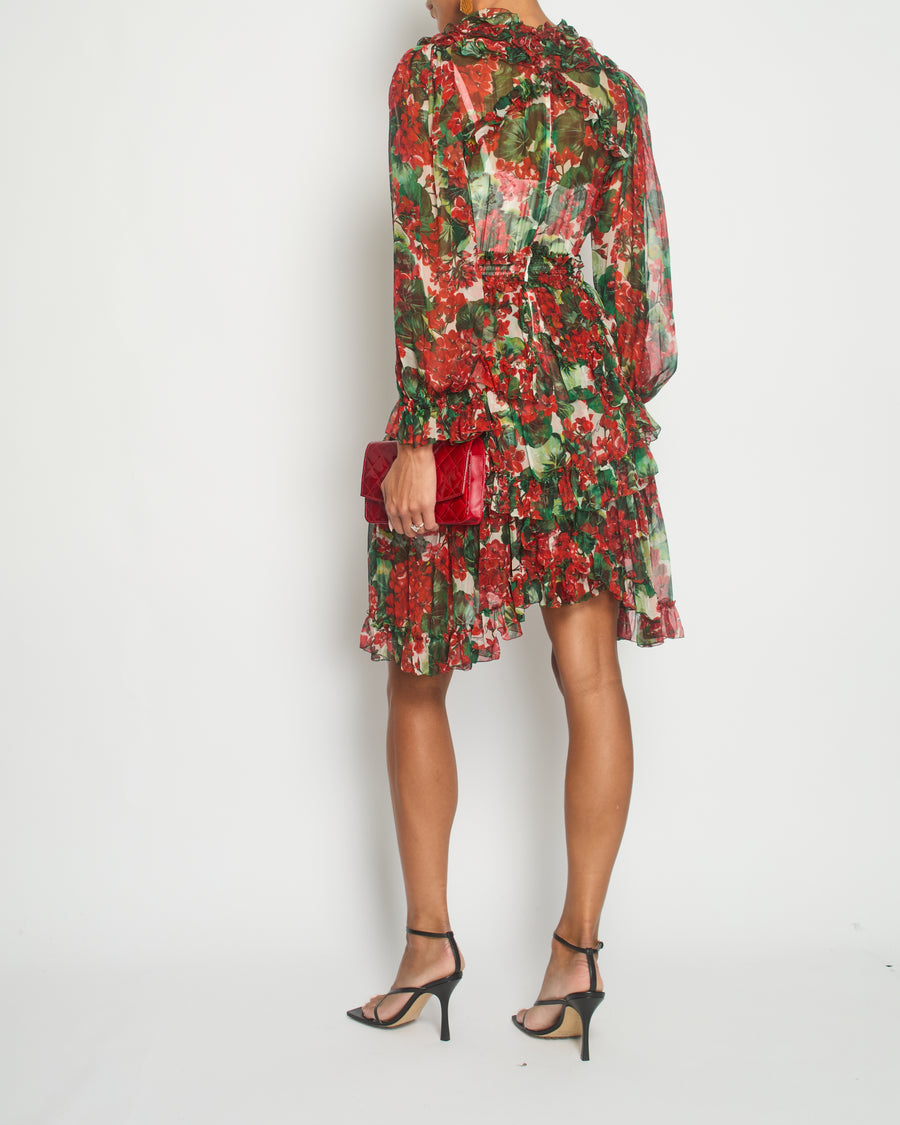 Dolce & Gabbana Red Floral Silk Ruffle Long-Sleeve Mini Dress Size IT 40 (UK 8)