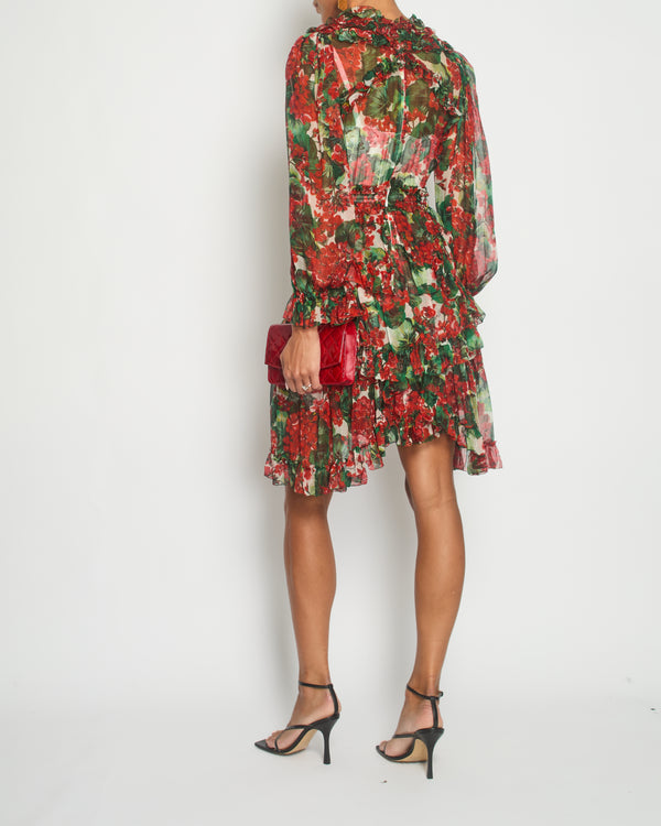 Dolce & Gabbana Red Floral Silk Ruffle Long-Sleeve Mini Dress Size IT 40 (UK 8)