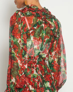 Dolce & Gabbana Red Floral Silk Ruffle Long-Sleeve Mini Dress Size IT 40 (UK 8)