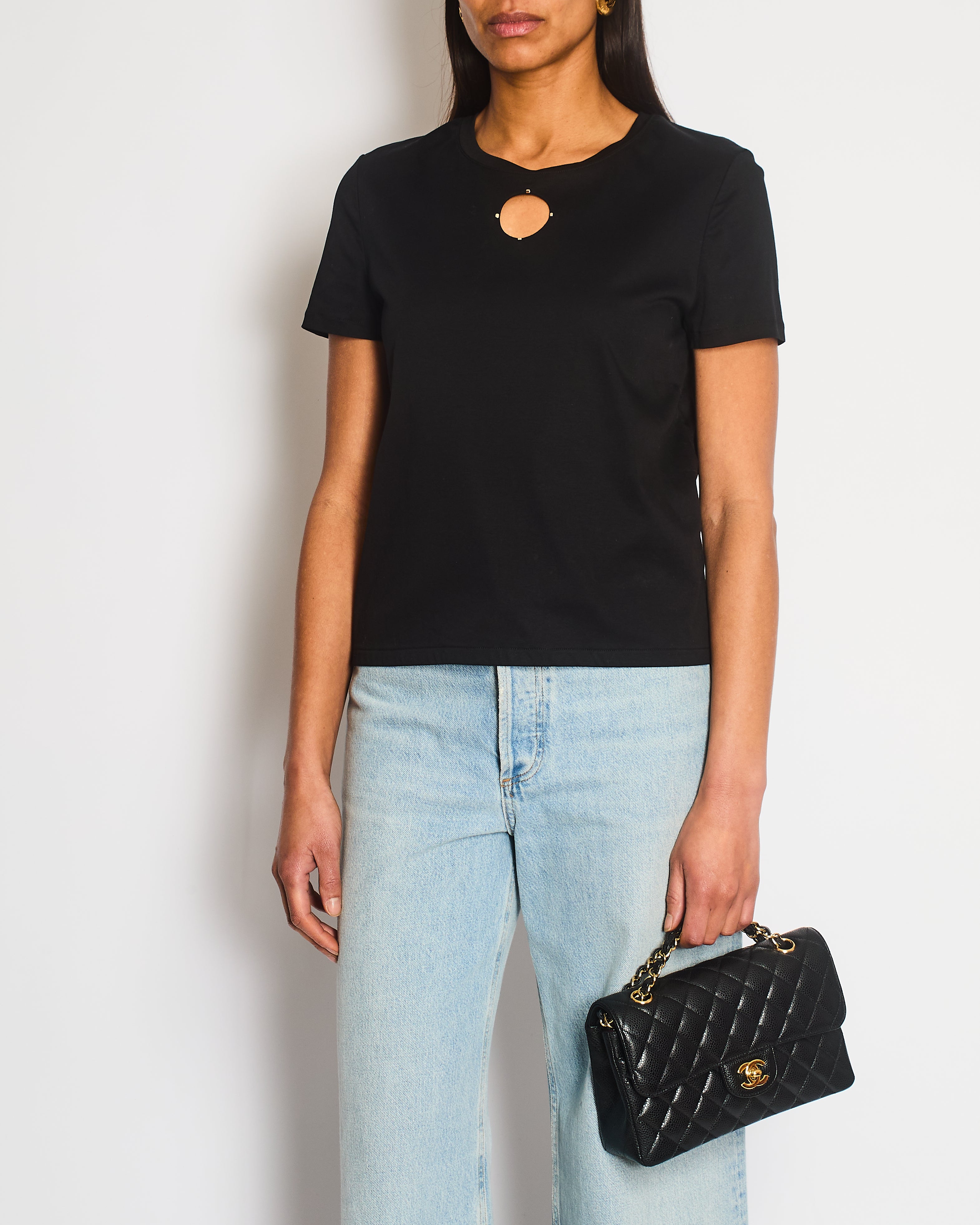 Chanel 20S Black T-Shirt with Cut-Out Front Detailing Size FR 34