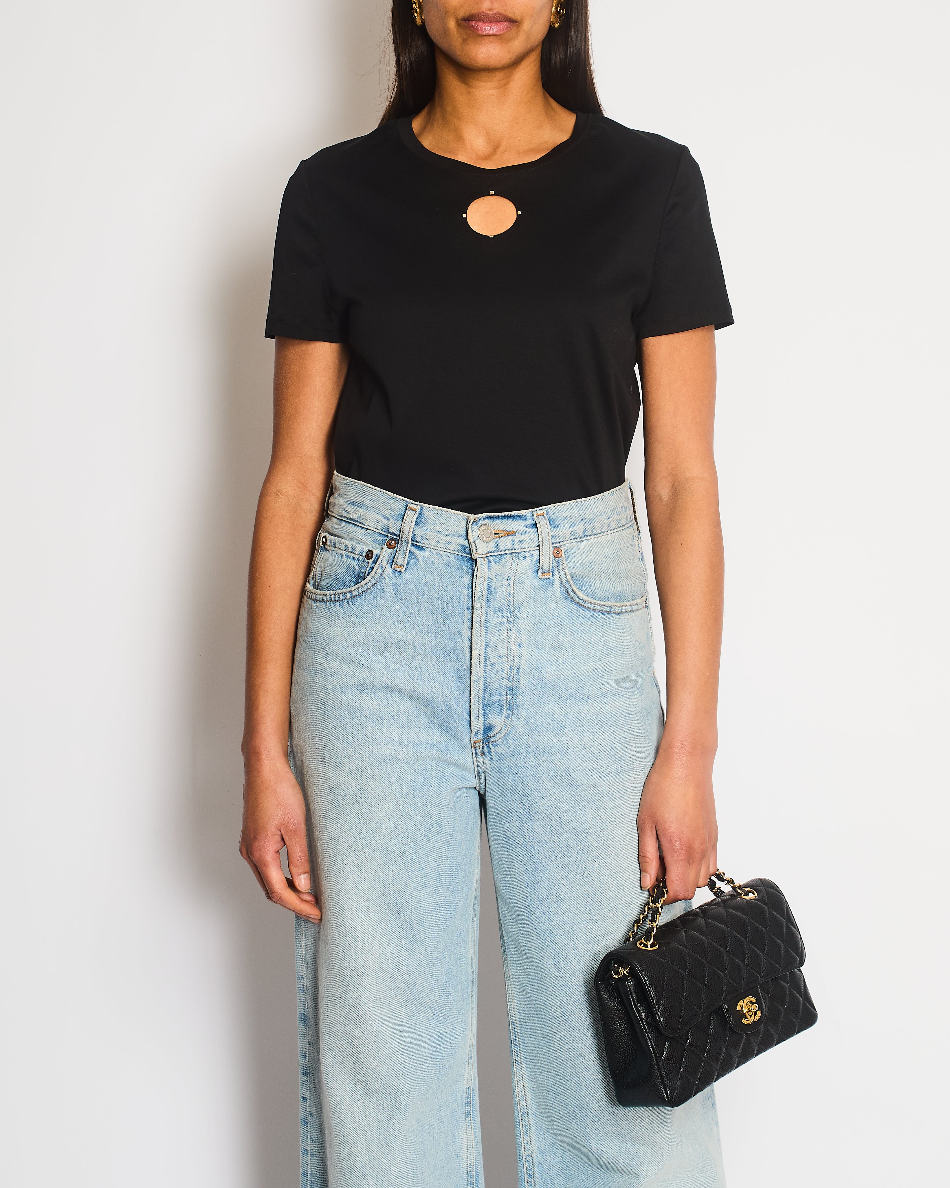 Chanel 20S Black T-Shirt with Cut-Out Front Detailing Size FR 34