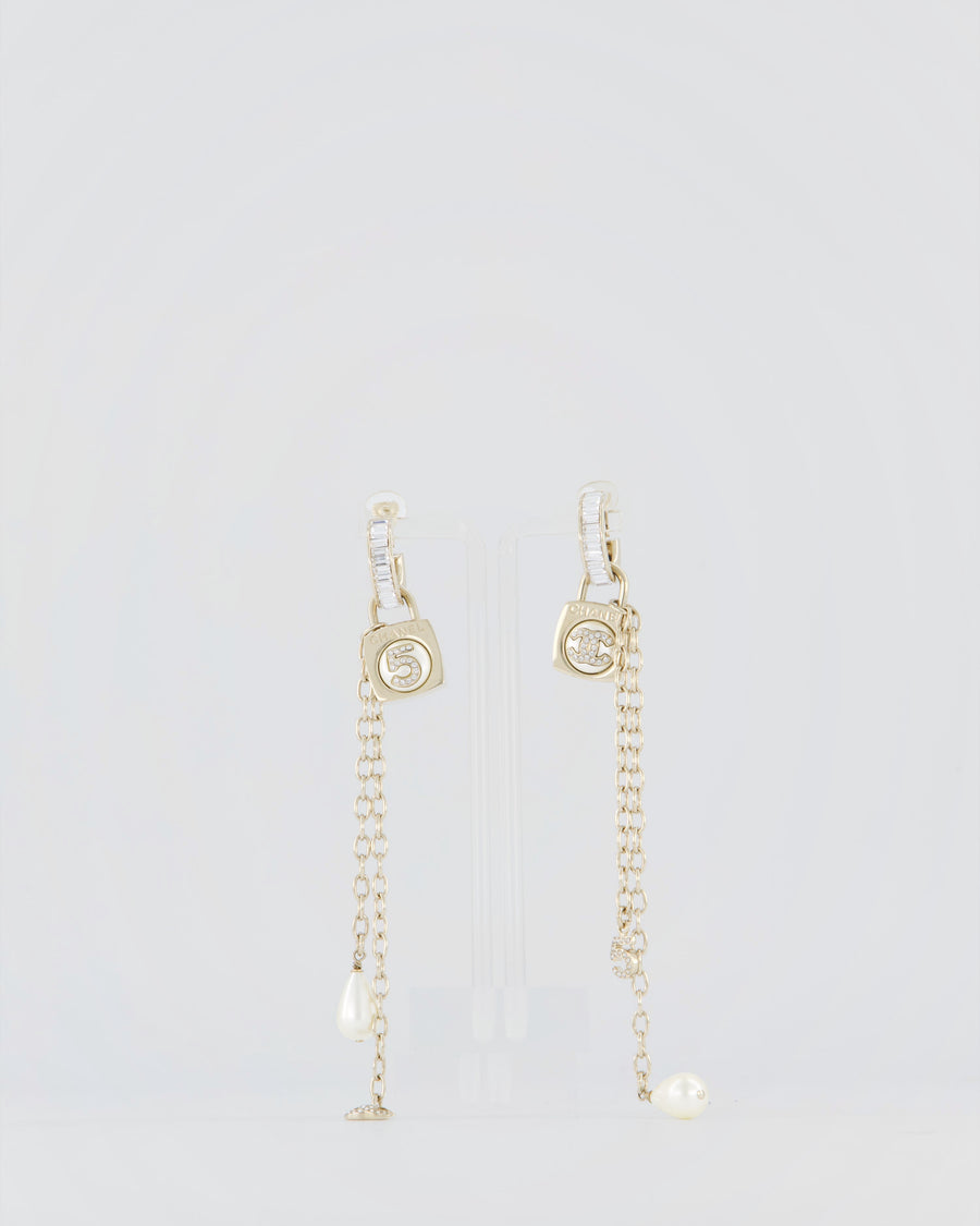 Chanel 23/S Gold Pearl No5 CC Drop Diamante Earrings