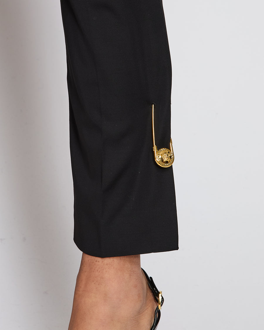 Versace Black Tailored Trousers with Gold Medusa Safety Pin Details Size IT 38 (UK 6)