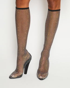 Saint Laurent Black Suede-Trimmed Crystal-Embellished Fishnet Knee High Boots Size EU 38.5 RRP £2430