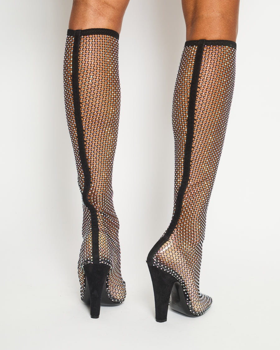 Saint Laurent Black Suede-Trimmed Crystal-Embellished Fishnet Knee High Boots Size EU 38.5 RRP £2430
