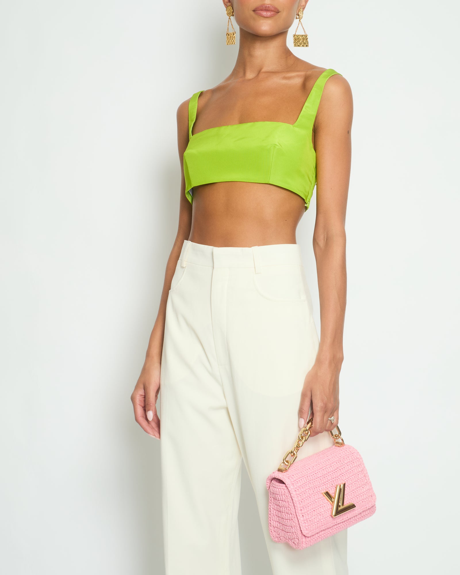 Valentino Lime Green Cropped Satin Sleeveless Top IT 42 (UK 10