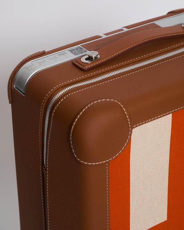 *HOT* Hermès Rolling Mobility Suitcase in Beige, Fauve, Orange and Bleu Canvas with Gold Clemence Leather Trim and Aluminium Hardware