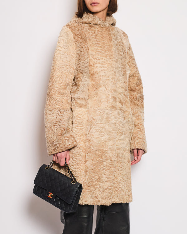 Dennis Basso Beige Persian Lamb Reversible Hooded Pea Coat FR 38 (UK 10)