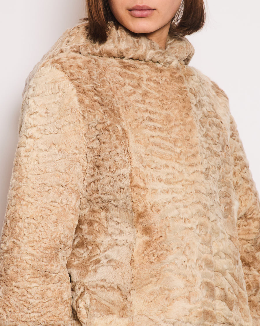Dennis Basso Beige Persian Lamb Reversible Hooded Pea Coat FR 38 (UK 10)
