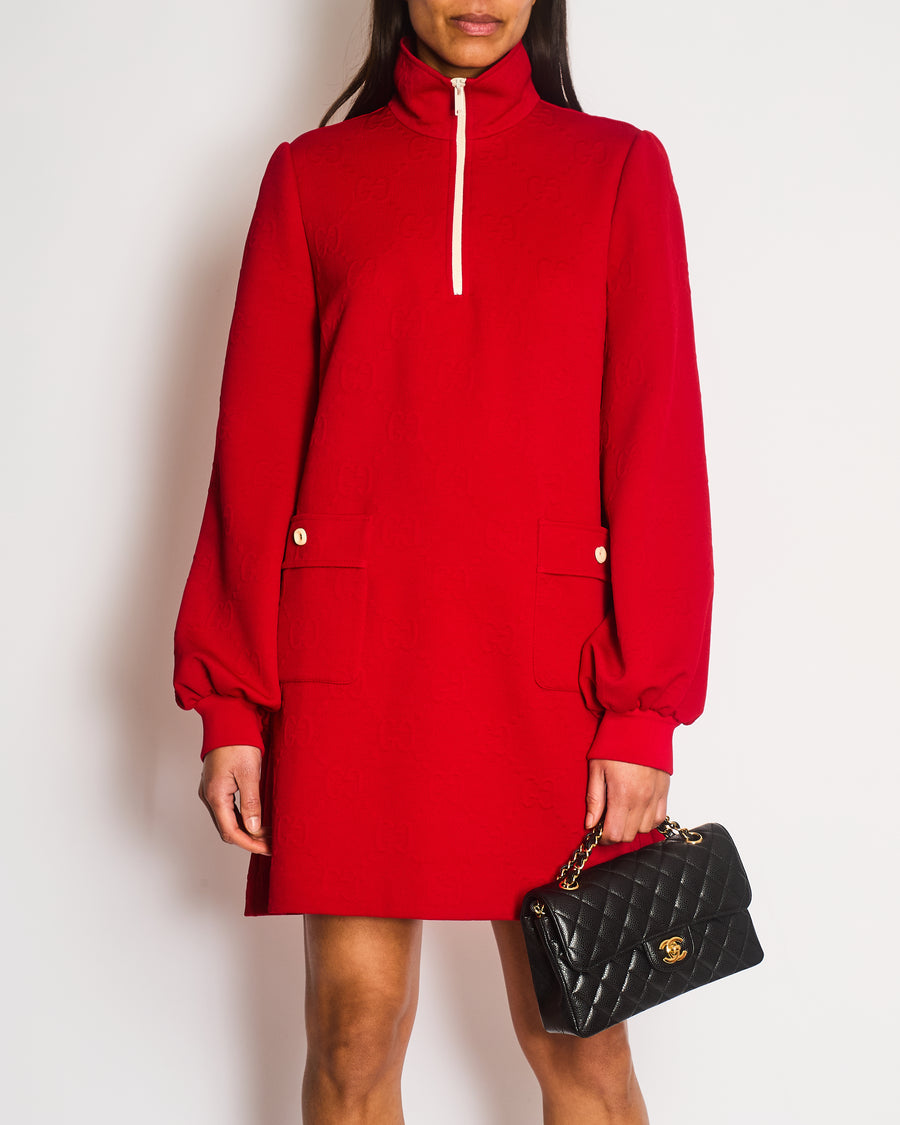 Gucci Red GG Logo-Embossed High-Neck Jersey Mini Dress Size M (UK 10) RRP £1,000