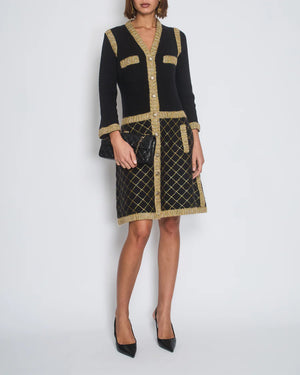 Chanel 15/A Black Cashmere Long Cardigan Dress with Yellow Trim Detail and Gold CC Buttons Size FR 34 (UK 6)