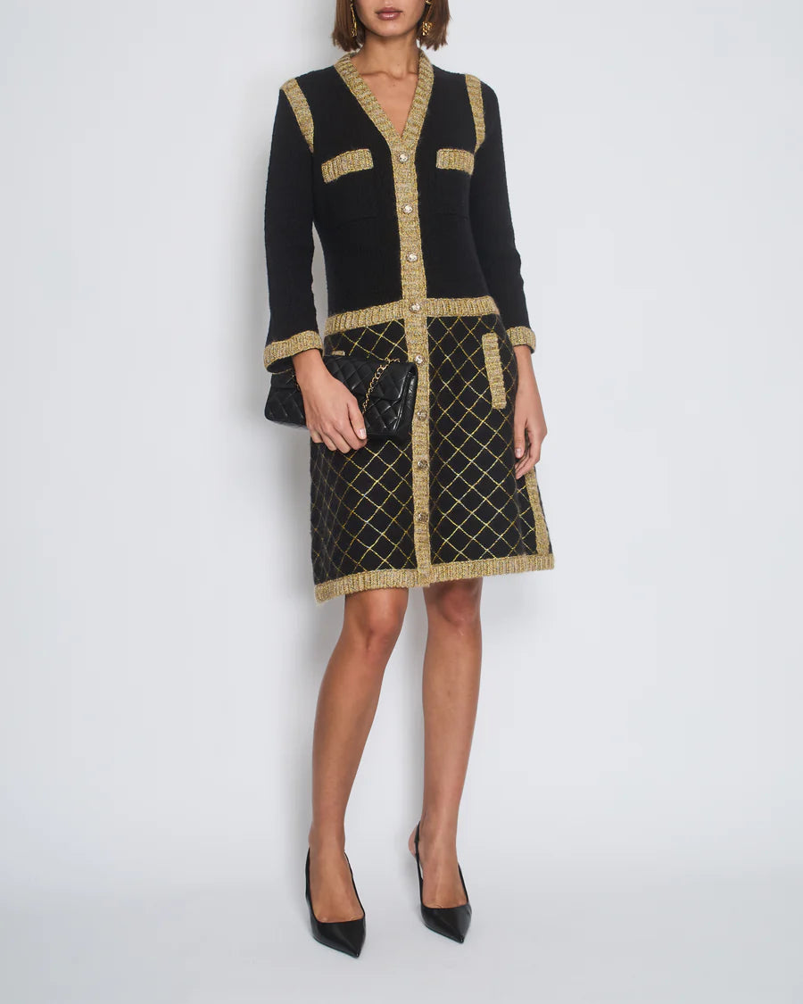 Chanel 15/A Black Cashmere Long Cardigan Dress with Yellow Trim Detail and Gold CC Buttons Size FR 34 (UK 6)