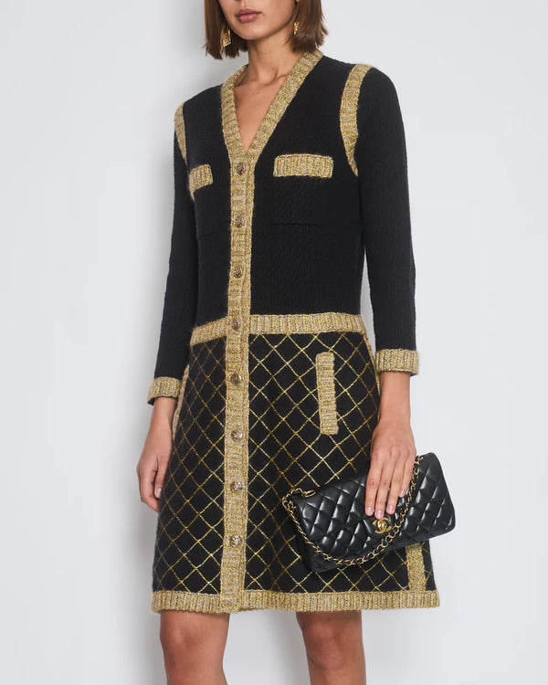 Chanel 15/A Black Cashmere Long Cardigan Dress with Yellow Trim Detail and Gold CC Buttons Size FR 34 (UK 6)