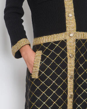 Chanel 15/A Black Cashmere Long Cardigan Dress with Yellow Trim Detail and Gold CC Buttons Size FR 34 (UK 6)