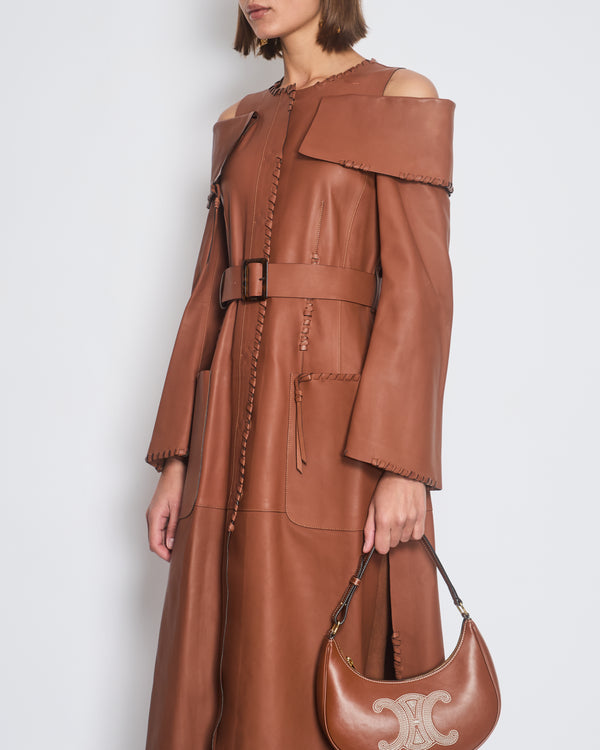 Fendi Brown Cut-Out Long Sleeve Leather Dress with Leather Stitch Detail and Belt Size IT 40 (UK 8)