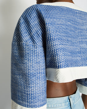 Chanel Blue and White Mid-Sleeve Cropped Jacket with Zip and Pockets Size FR 38 (UK 10)
