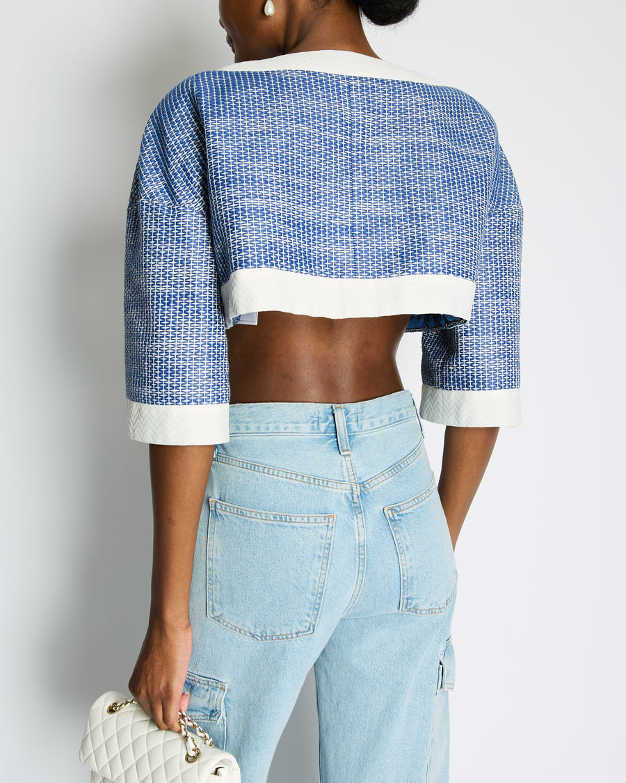 Chanel Blue and White Mid-Sleeve Cropped Jacket with Zip and Pockets Size FR 38 (UK 10)