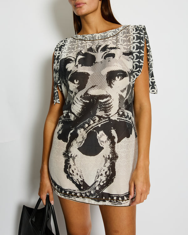 Chanel Black and White Silk Graphic-Print CC Logo Tunic Mini Dress Size FR 42 (UK 14)