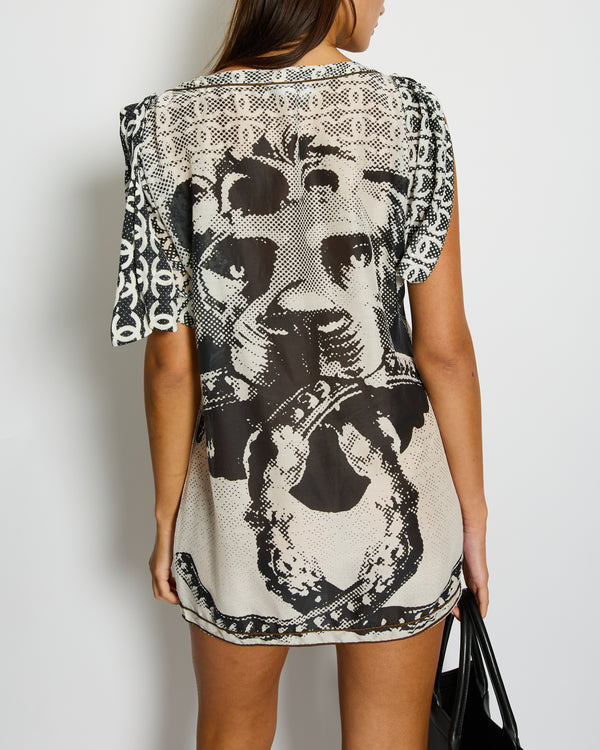Chanel Black and White Silk Graphic-Print CC Logo Tunic Mini Dress Size FR 42 (UK 14)