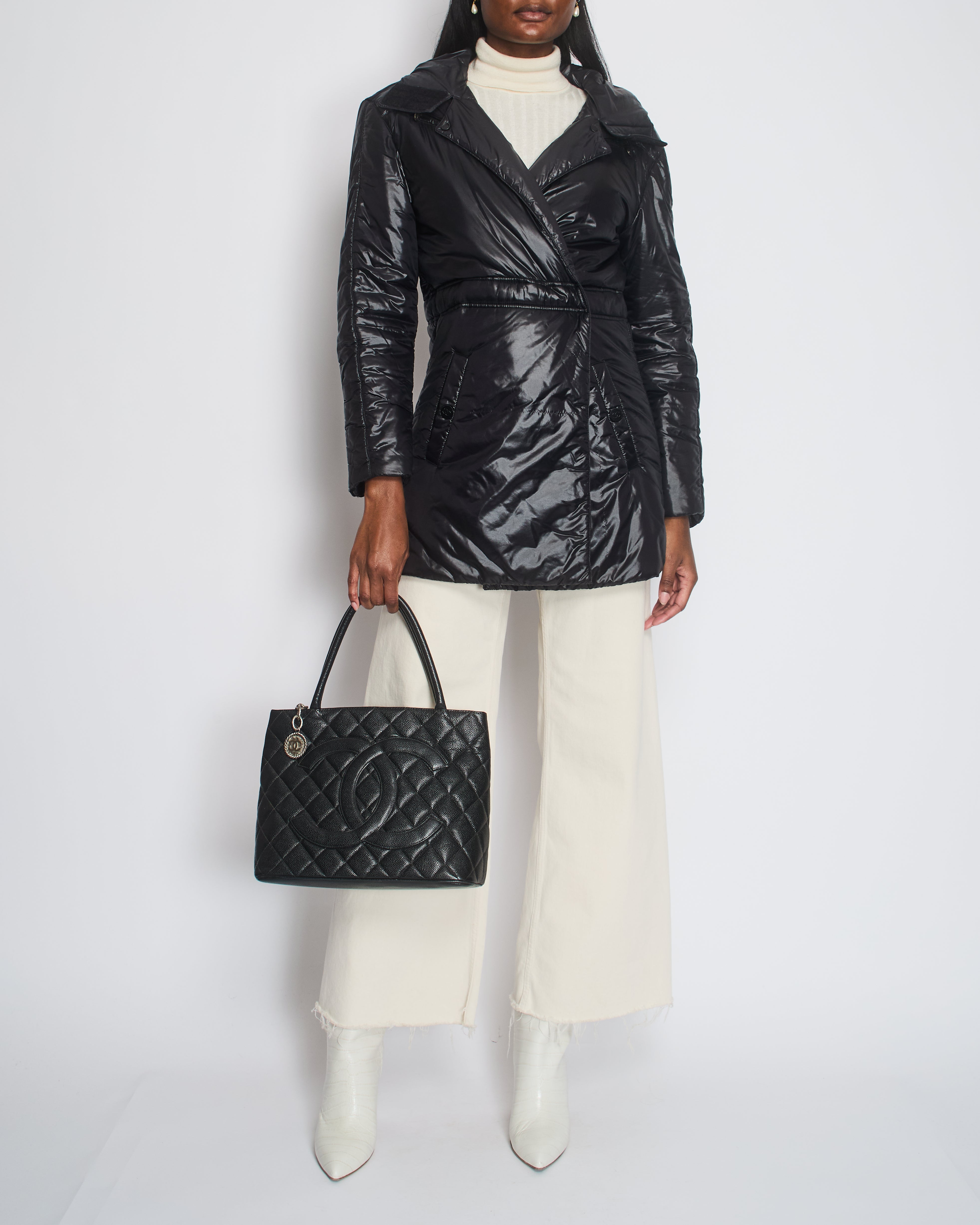 Chanel Black Down Coat with Velcro Closure Detail FR 36 UK 8