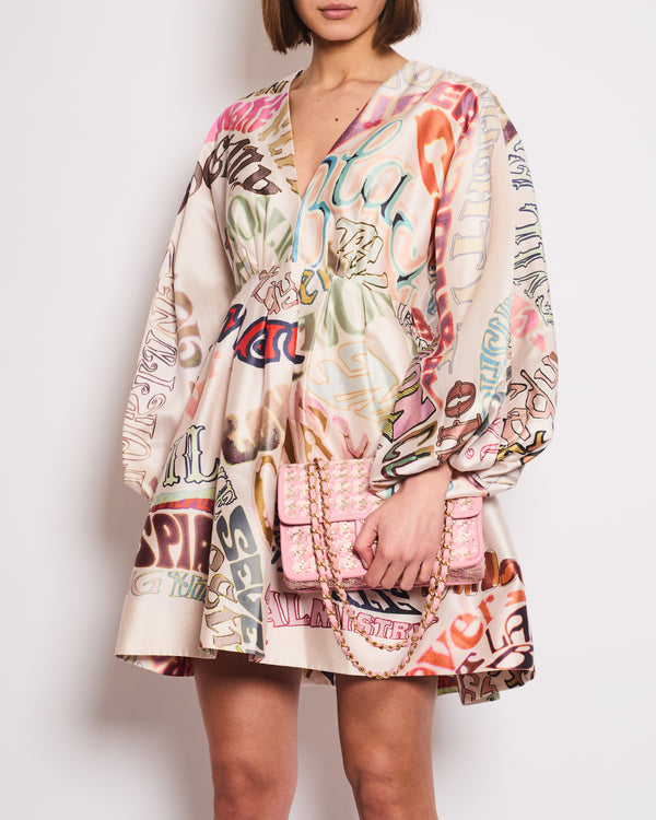 Zimmermann Dusty Pink Abstract Multicolour Printed Mini Dress with Puffy Long Sleeves Size 2 (UK 12)