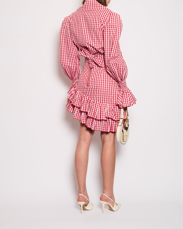 Balmain Red and White Vichy Printed Shirt and Mini Ruffle Skirt Set with Gold Logo Detail Size FR 38 (UK 10)