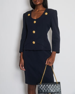 Givenchy Vintage Navy Jacket and Skirt Set with Gold Textured Buttons Size FR 38 (UK 10)