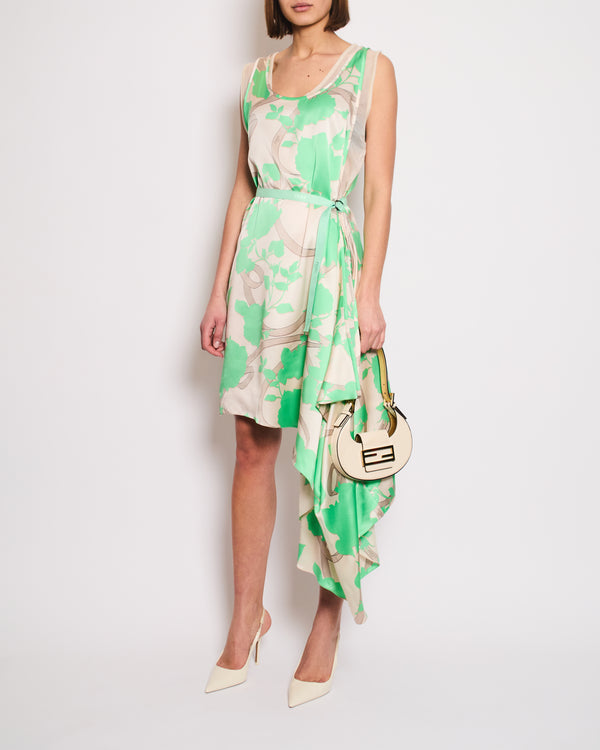 Fendi Green Leaf Print Asymmetric Midi Dress with Waist Tie Detail Size IT 40 (UK 8)