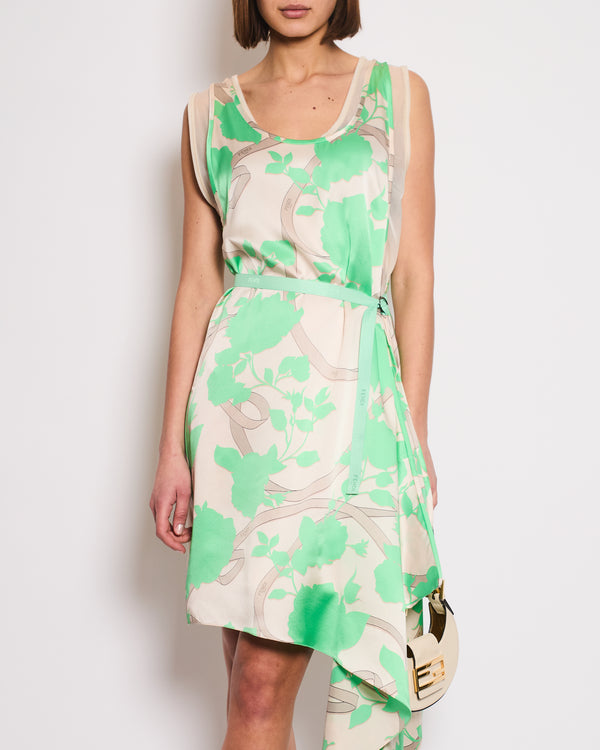 Fendi Green Leaf Print Asymmetric Midi Dress with Waist Tie Detail Size IT 40 (UK 8)