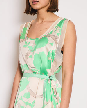 Fendi Green Leaf Print Asymmetric Midi Dress with Waist Tie Detail Size IT 40 (UK 8)