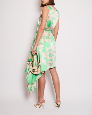 Fendi Green Leaf Print Asymmetric Midi Dress with Waist Tie Detail Size IT 40 (UK 8)