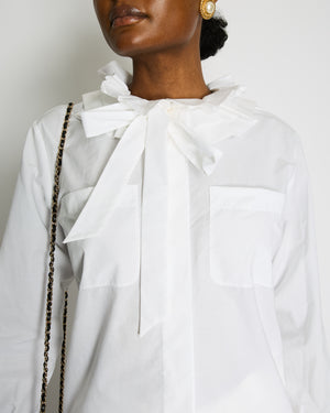Chanel White Ruffle Shirt with Tie-Neck and Red, Blue CC Logo Button Details Size FR 34 (UK 6)