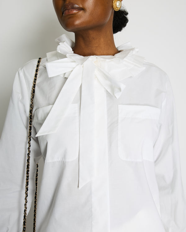 Chanel White Ruffle Shirt with Tie-Neck and Red, Blue CC Logo Button Details Size FR 34 (UK 6)
