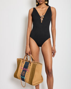 Chanel Black Geometric Cut-Out Onepiece Swimsuit with Pearl CC Logo Detail FR 38 (UK 10)