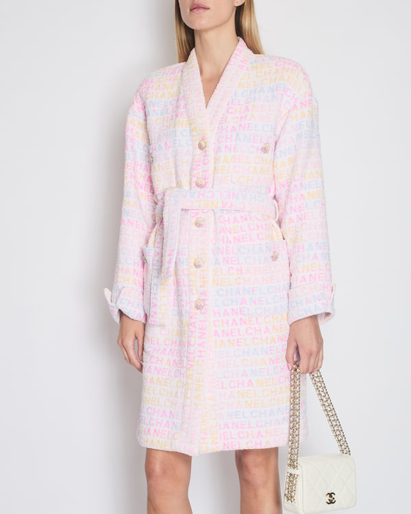 Chanel Pastel Robe Coat with Belt & Multi-Coloured Chanel Logo Details Size FR 42 (UK 14)