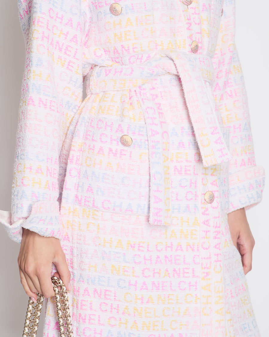 Chanel Pastel Robe Coat with Belt & Multi-Coloured Chanel Logo Details Size FR 42 (UK 14)