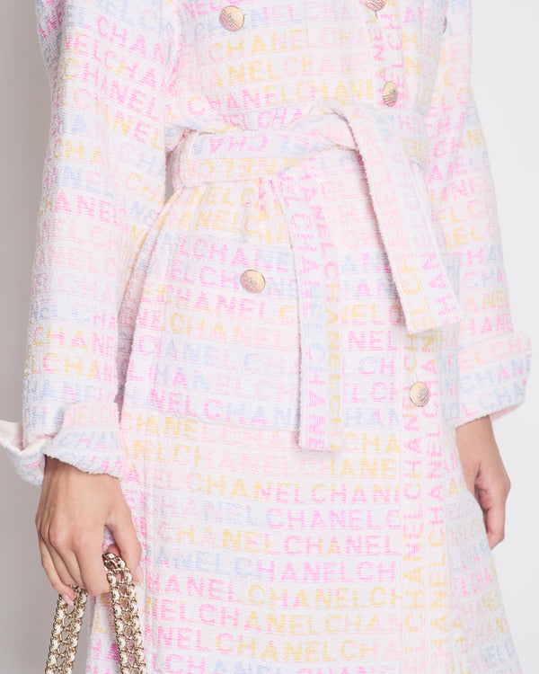 Chanel Pastel Robe Coat with Belt & Multi-Coloured Chanel Logo Details Size FR 42 (UK 14)