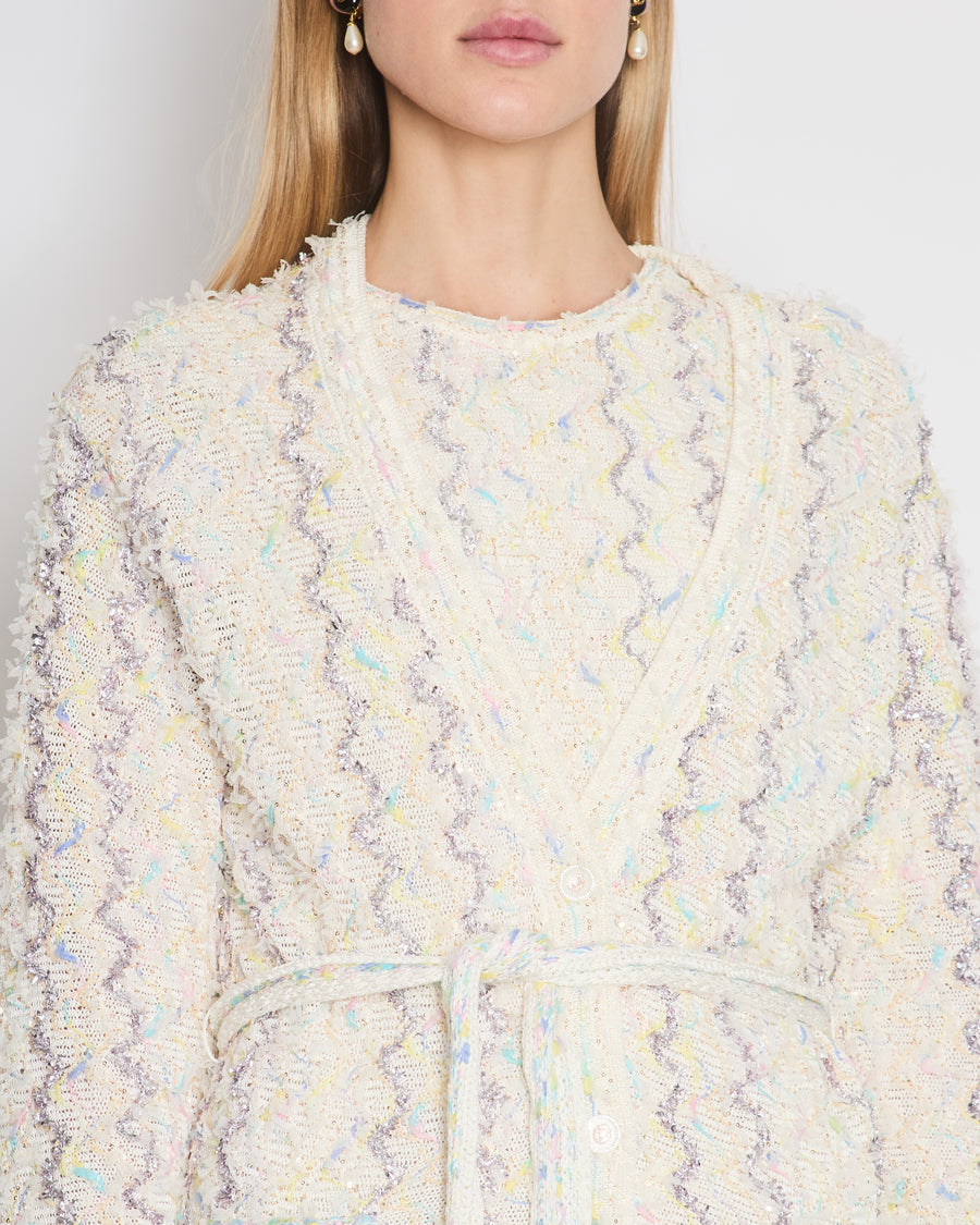 Chanel 24C Cream Long Line Belted Cardigan with Metallic & Multi-Colour Threads and Sequins Detail Size FR 36 (UK 8)