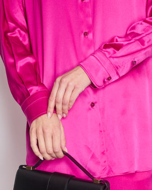 Tom Ford Fuschia Pink Oversized Silk-Blend Satin Blouse and Trouser Set with Velvet Elasticated Waistband Size IT 40 (UK 8)