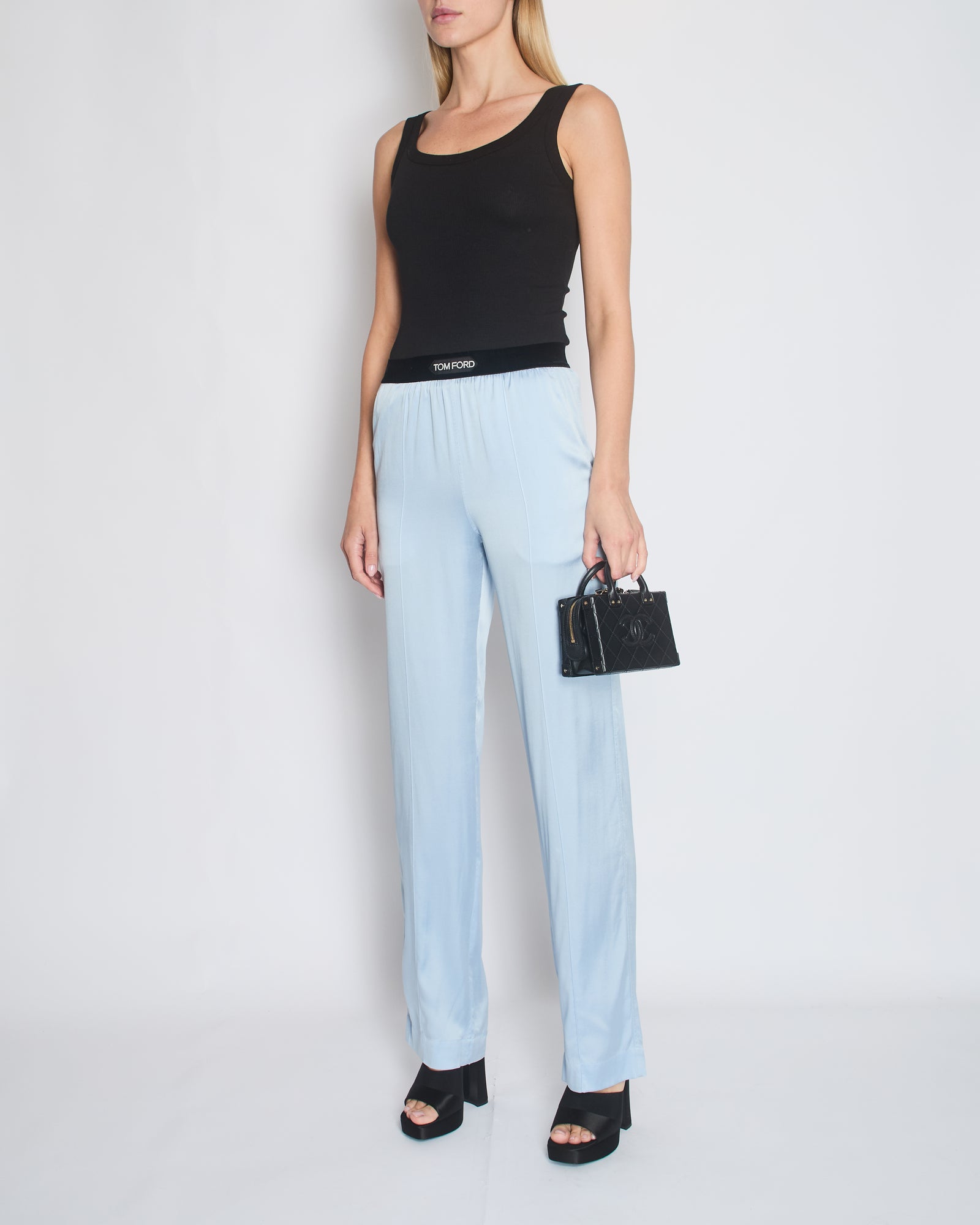 Tom Ford Blue Satin Silk Trousers with Velvet Elasticated