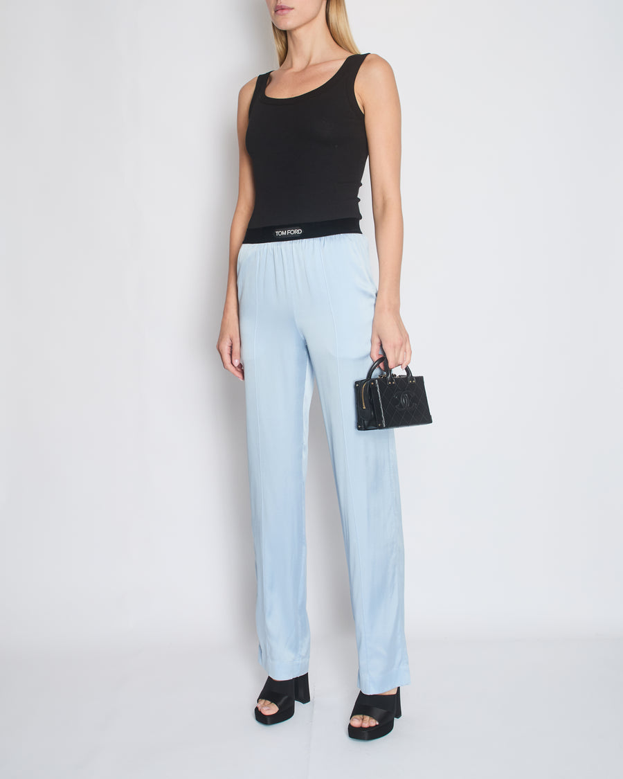 Tom Ford Blue Satin Silk Trousers with Velvet Elasticated Waist Size IT 38 (UK 6)