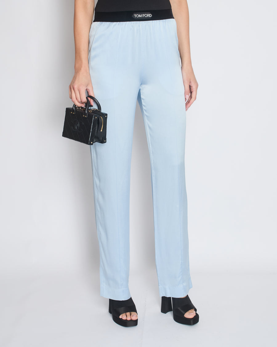 Tom Ford Blue Satin Silk Trousers with Velvet Elasticated Waist Size IT 38 (UK 6)