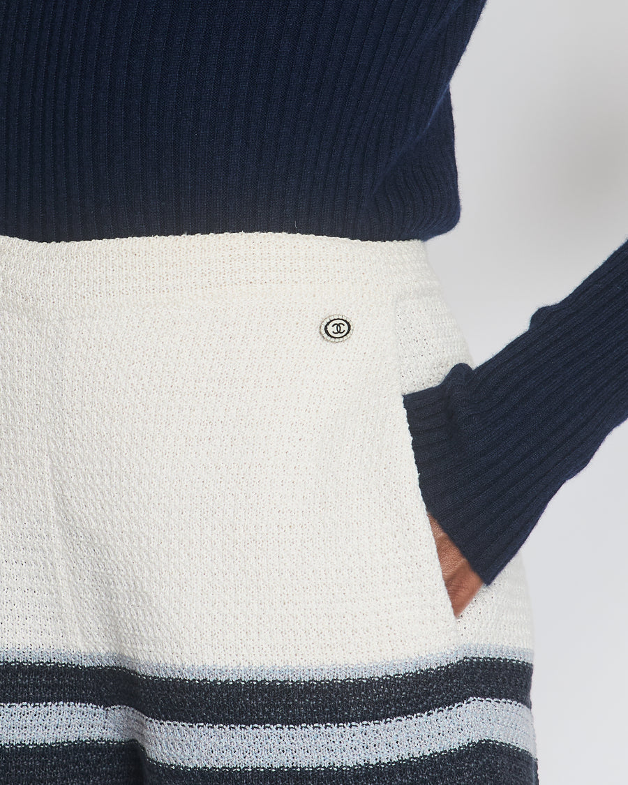 Chanel White and Navy Crochet Knit Striped High-Waist Shorts Size FR 34 (UK 6)