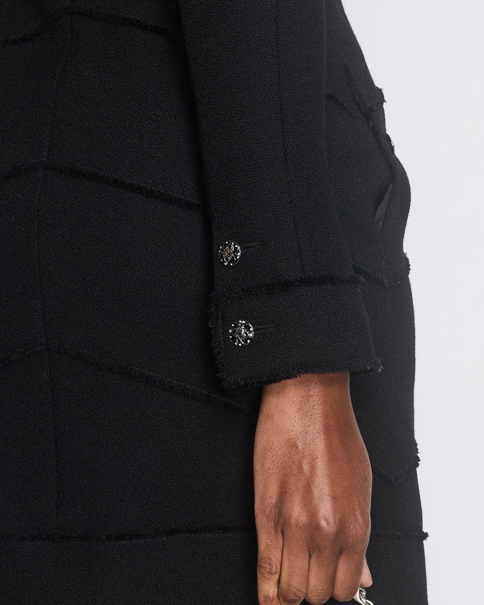 long sleeve black chanel dress Chanel Black Long Sleeve Mini Dress With Frayed Details & Crystal Butt –  Sellier