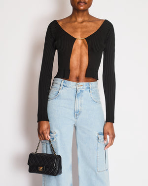 Jacquemus Black Ribbed Long Sleeve Top with Metal Logo Detail Size FR 34 (UK 6)