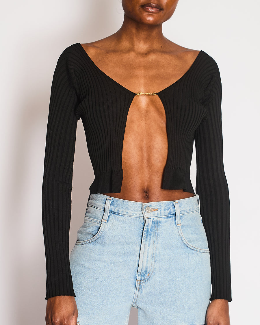 Jacquemus Black Ribbed Long Sleeve Top with Metal Logo Detail Size FR 34 (UK 6)
